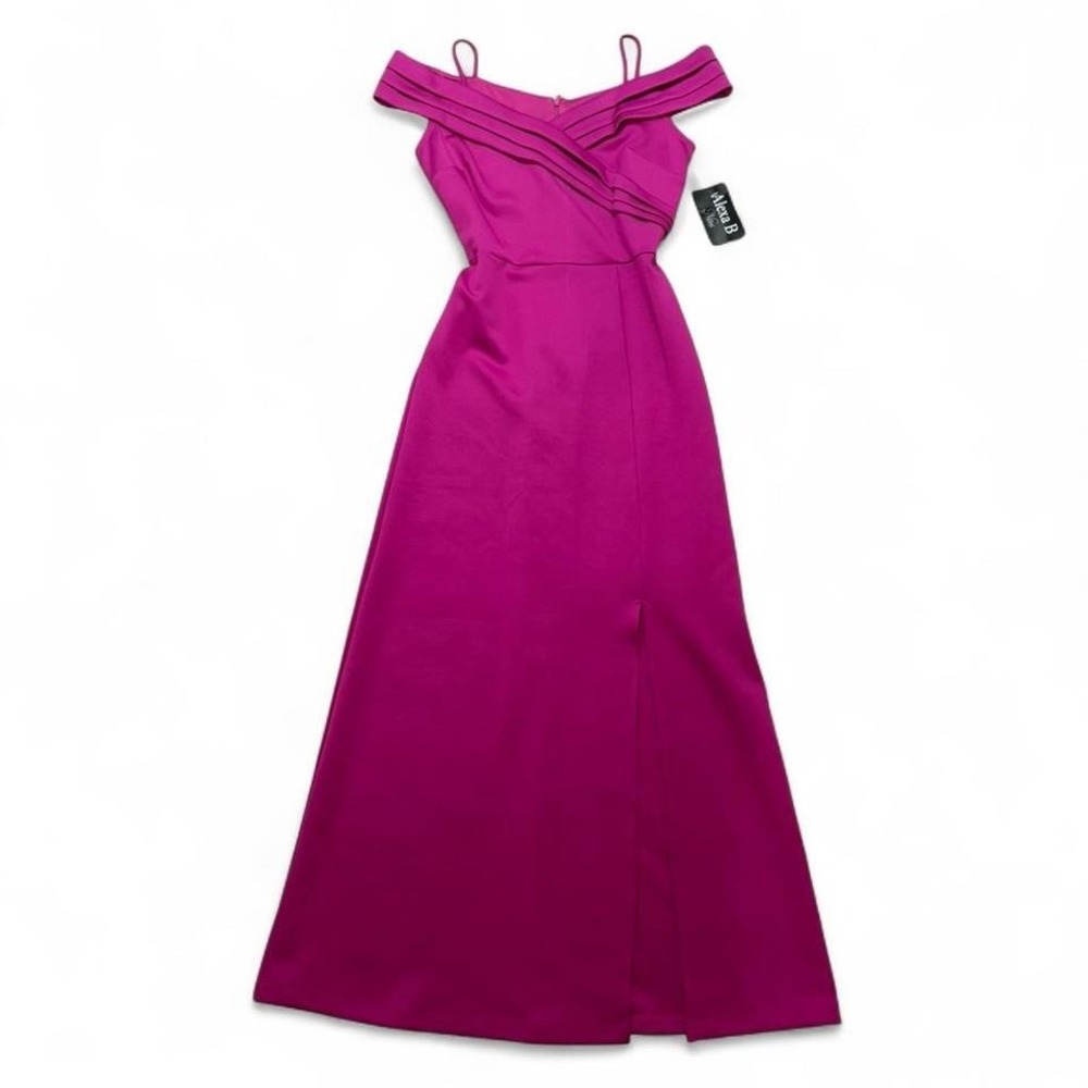 Magenta pink off-the-shoulder formal maxi dress with side slit and back zipper